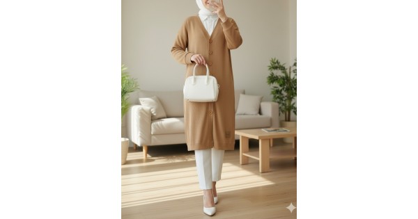 Fitilli Burgu Kumaş Düğmeli Uzun Hırka