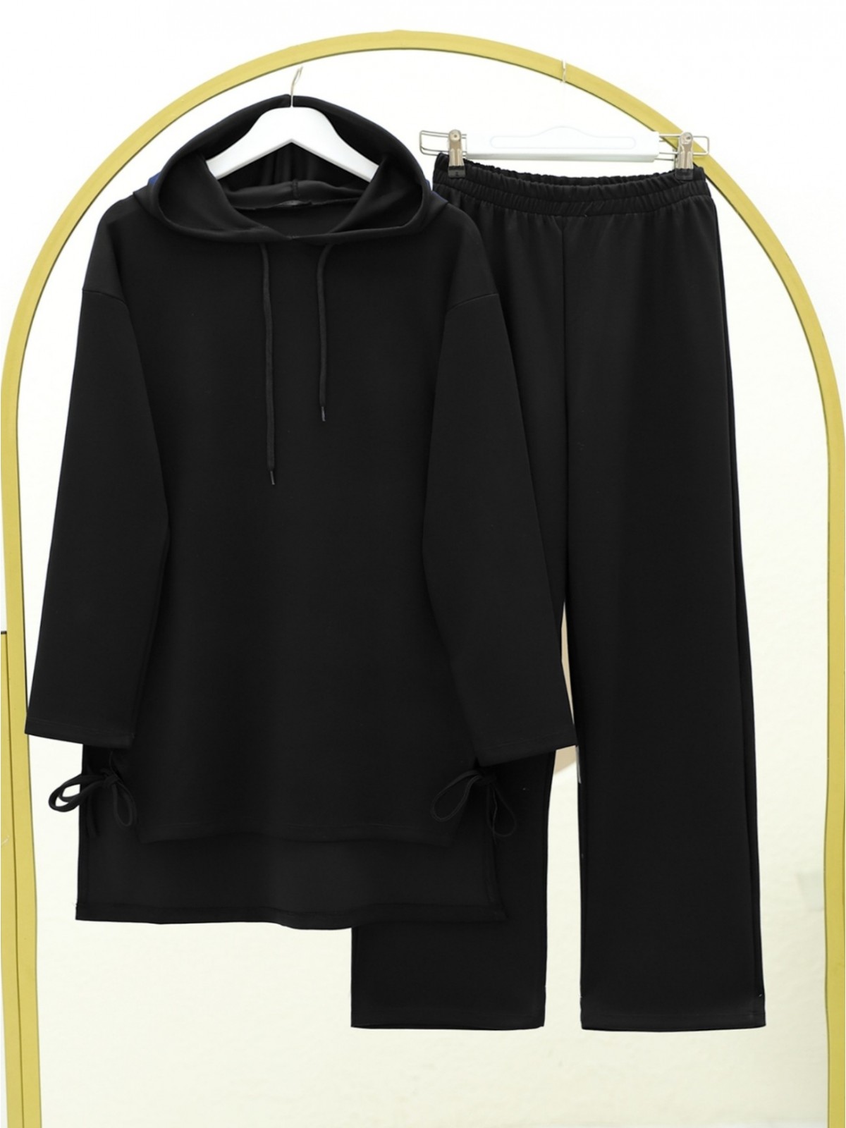 Oysho Fabric Hooded Set with Lace Detail on Slits -Black