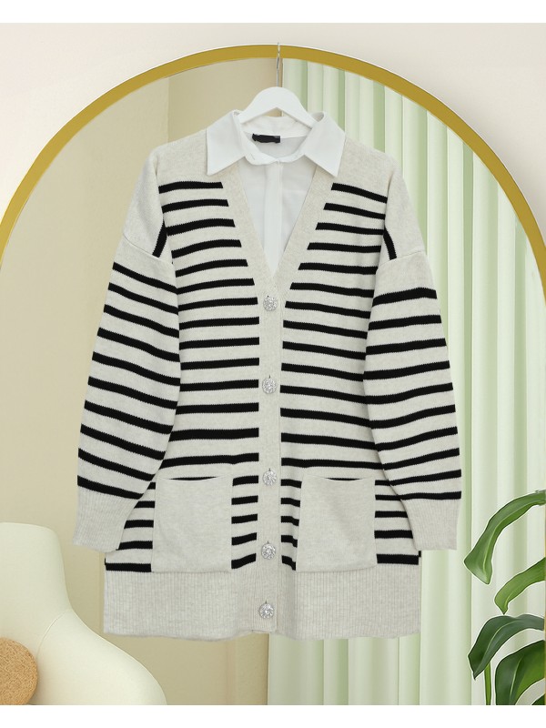 Çift Cepli Çizgili Triko Hırka  -Taş