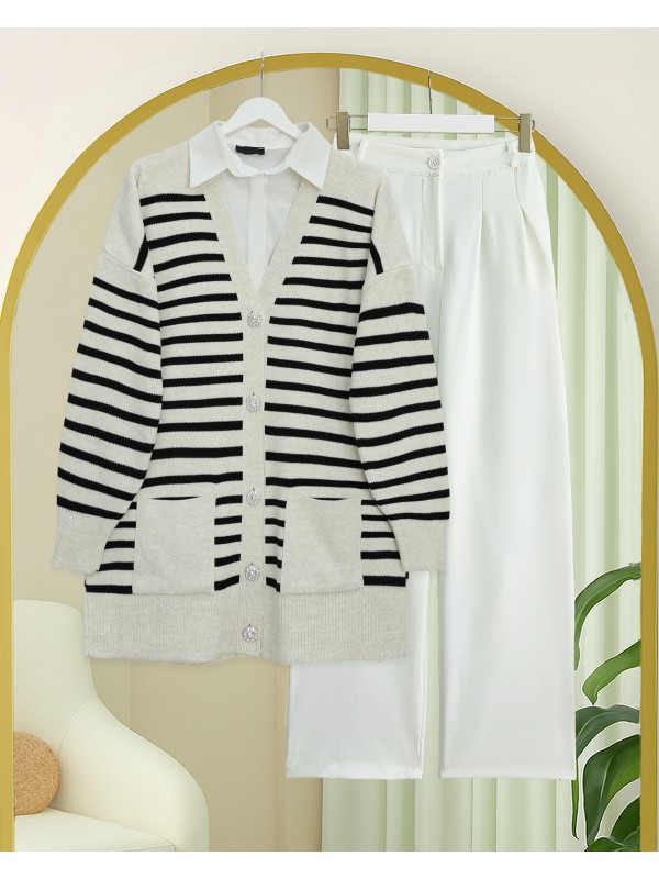 Çift Cepli Çizgili Triko Hırka  -Taş