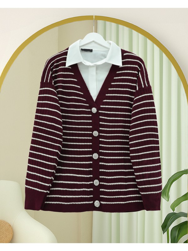 Taş Detaylı Düğmeli Triko Hırka  -Bordo