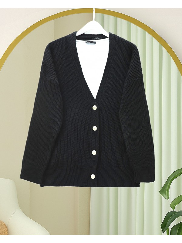 Gold Düğmeli Salaş Triko Hırka -Siyah