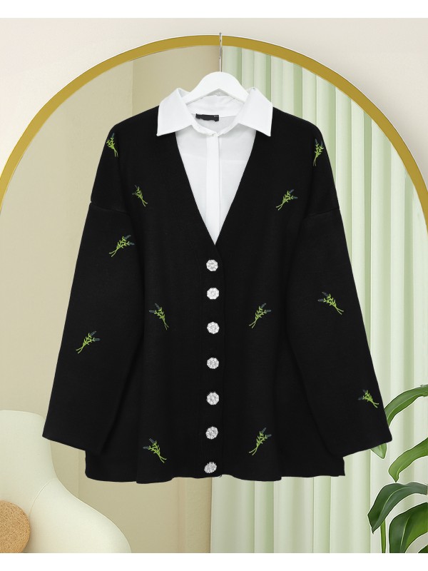 Taşlı Düğmeli Dal Desenli Triko Hırka -Siyah