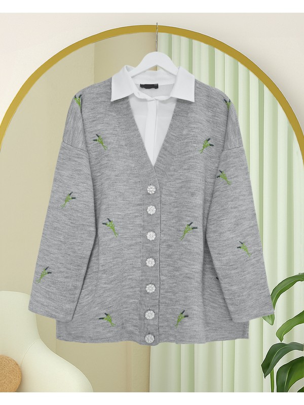 Taşlı Düğmeli Dal Desenli Triko Hırka -Gri