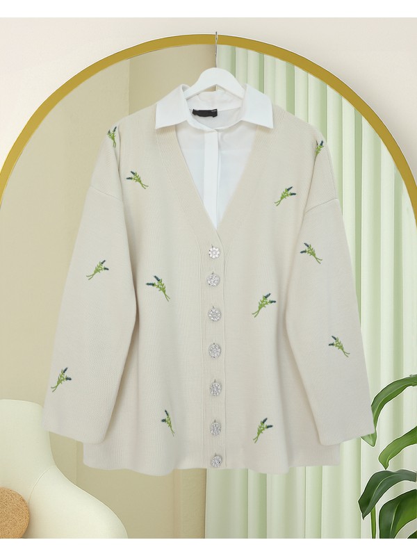 Taşlı Düğmeli Dal Desenli Triko Hırka -Krem