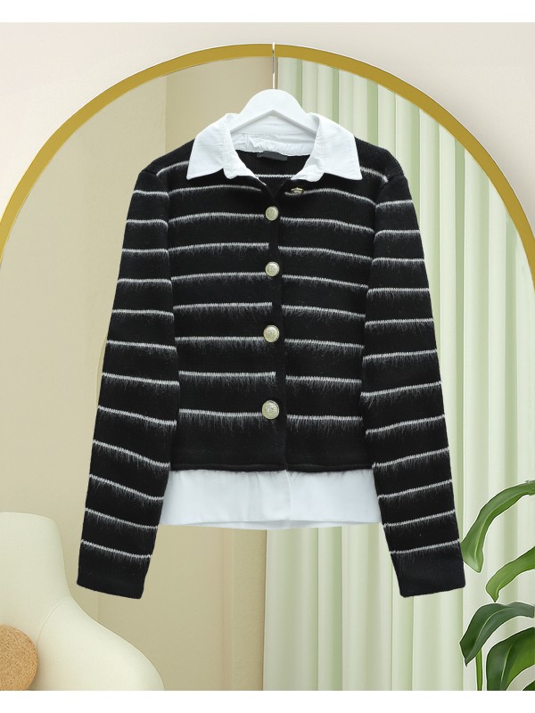 Düğmeli Gömlek Detaylı Triko Hırka -Siyah