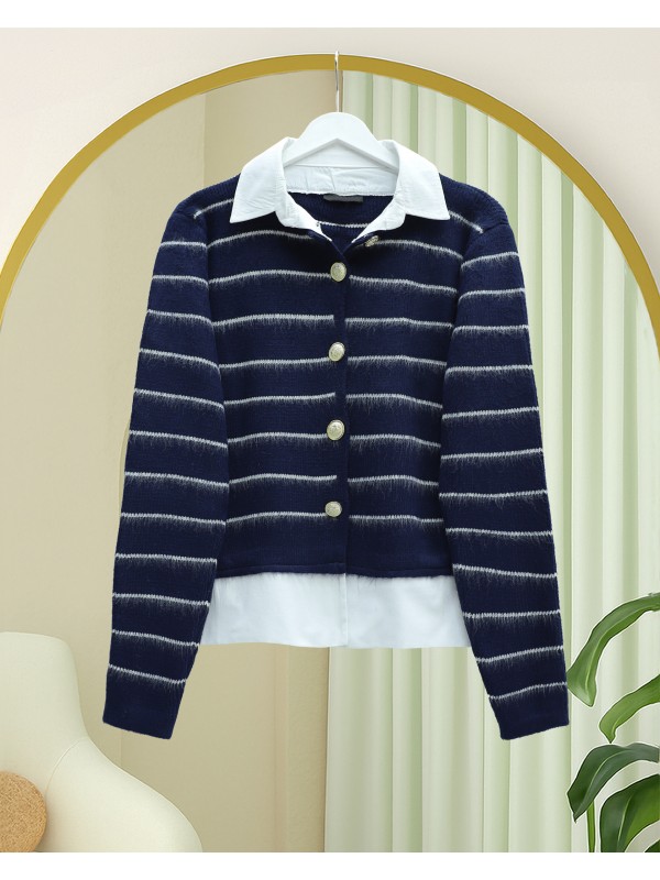 Düğmeli Gömlek Detaylı Triko Hırka -Laci