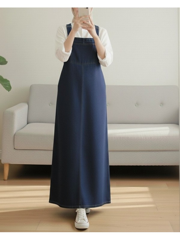 Cep Detaylı Askılı Kot Salopet -Koyu Mavi