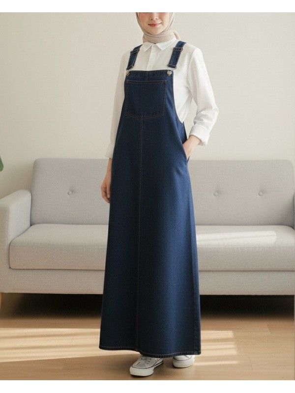 Cep Detaylı Askılı Kot Salopet -Koyu Mavi