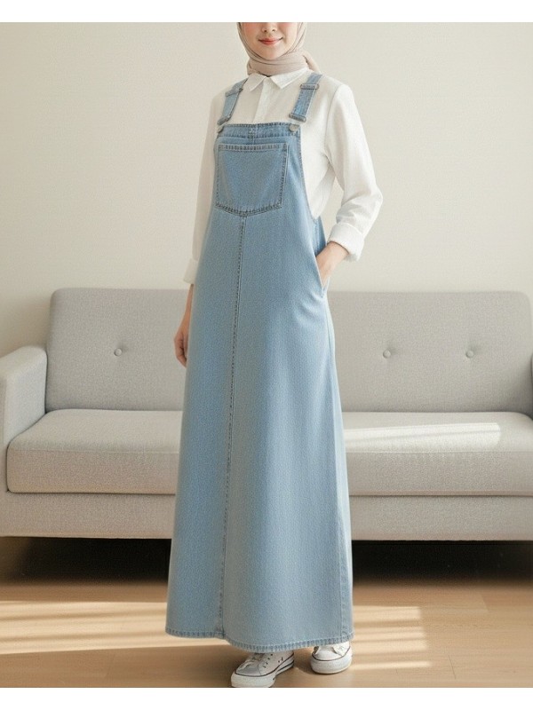 Cep Detaylı Askılı Kot Salopet -Buz Mavi