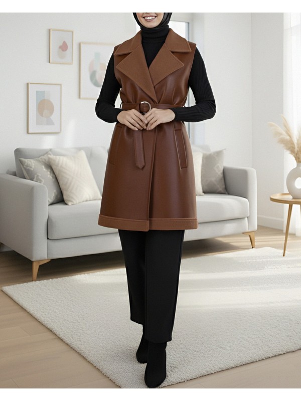 Kalın Kemerli İçi Kürklü Cepli Deri Yelek -Taba