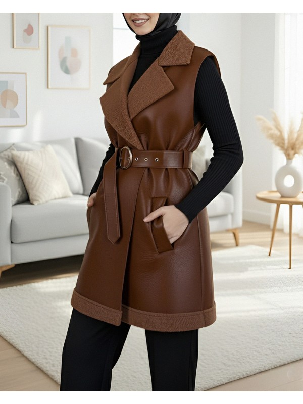 Kalın Kemerli İçi Kürklü Cepli Deri Yelek -Taba