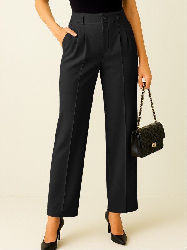 Tek Düğmeli Önü Katlama Detaylı Cepli Pantolon  -Siyah