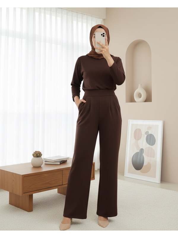 Beli Cırtcırt Detay Boru Paça Kumaş Pantalon  -Kahve