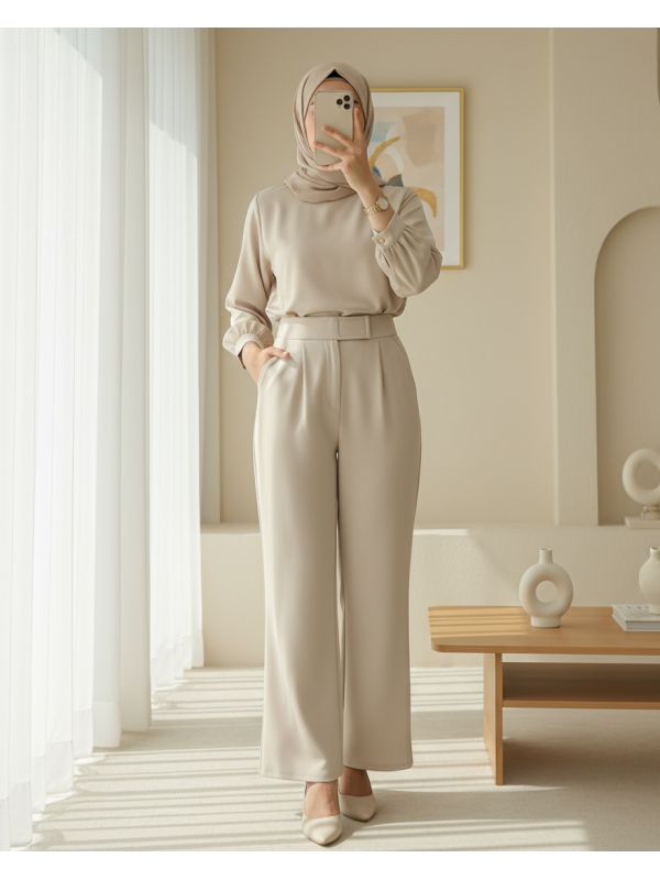 Beli Cırtcırt Detay Boru Paça Kumaş Pantalon  -Bej