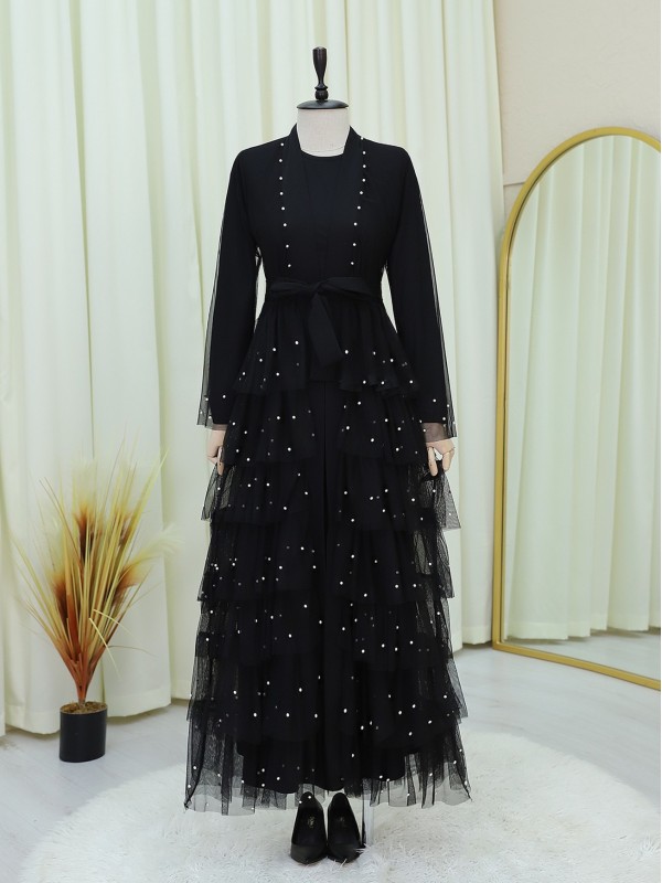 Eteği Katlı Serpme İncili Tül Abaya Takım -Siyah