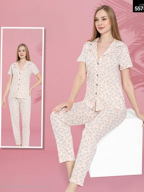 Düğmeli Çiçekli V Yaka Pamuklu Kısa Kollu Pijama Takımı -Yavruağzı