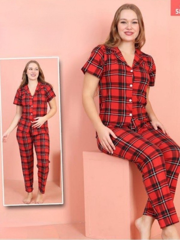 Kareli Düğmeli Kısa Kollu Pijama Takımı -Kırmızı