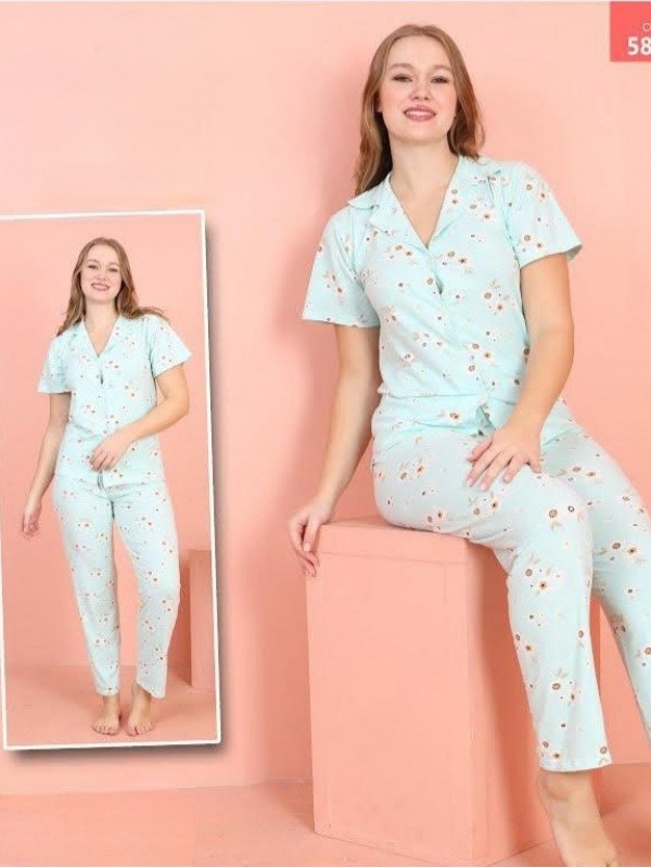 Papatya Desen Düğmeli Kısa Kol Pijama Takımı -Su Yeşili