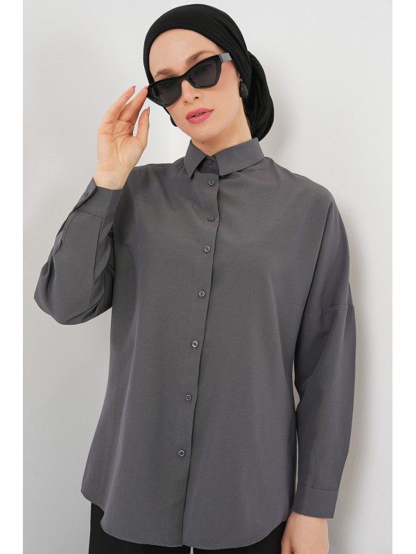 103901 Oversize Basic Tesettür Gömlek - Gri