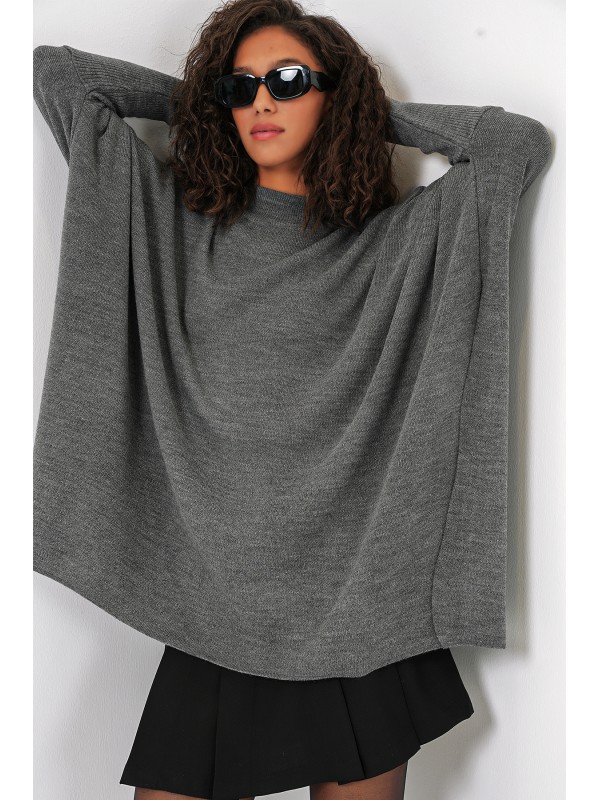 15783 Yırtmaçlı Panço Kazak - A.Gri