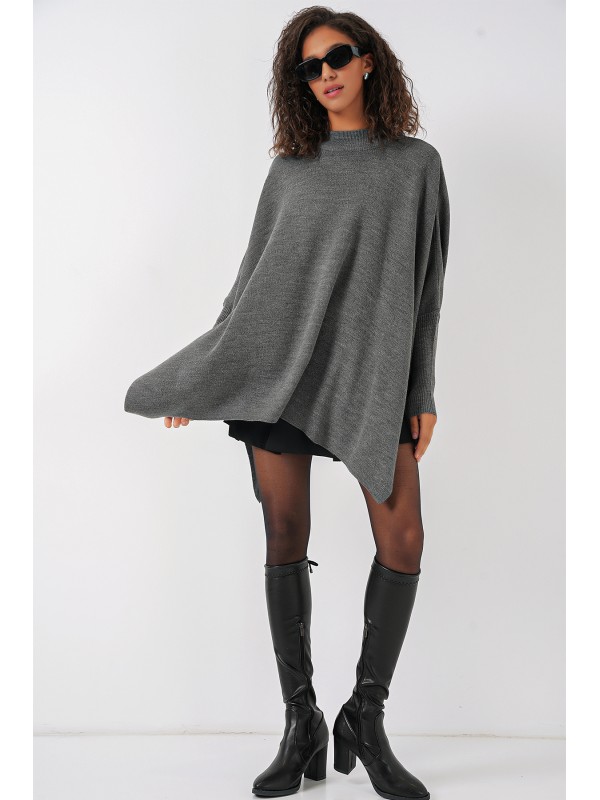 15783 Yırtmaçlı Panço Kazak - A.Gri