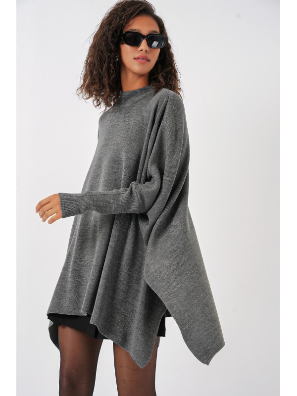 15783 Yırtmaçlı Panço Kazak - A.Gri