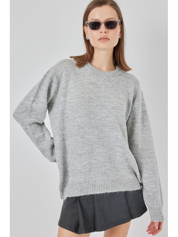 15895 Baklava Desenli Oversize Triko Kazak - Düz Gri