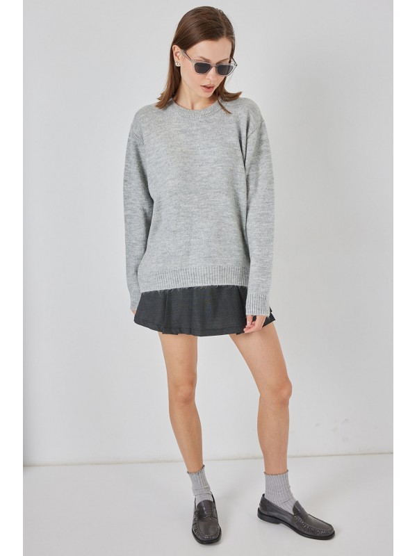 15895 Baklava Desenli Oversize Triko Kazak - Düz Gri