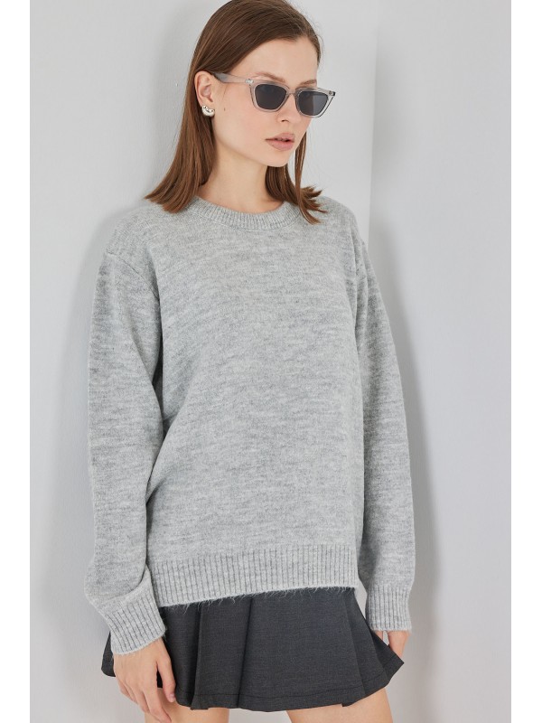 15895 Baklava Desenli Oversize Triko Kazak - Düz Gri