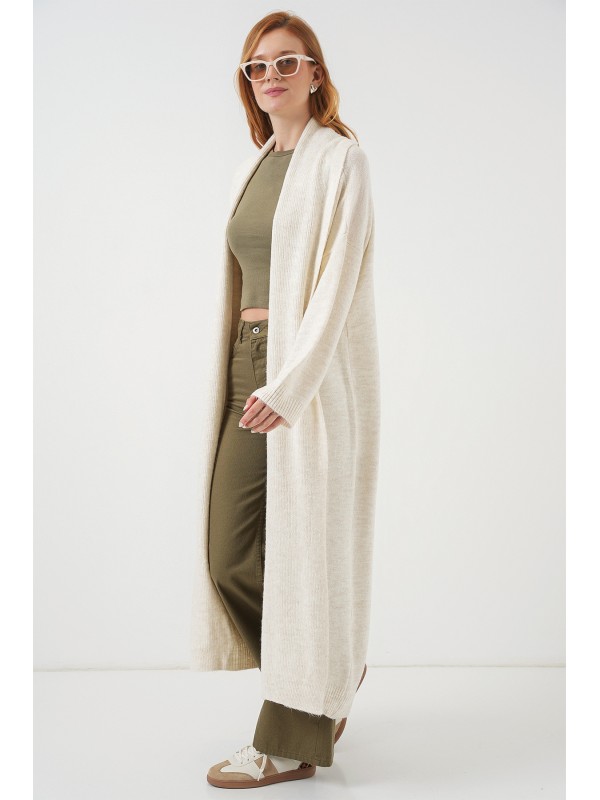 Kadın Uzun Oversize Triko Hırka 15924 - Ekru