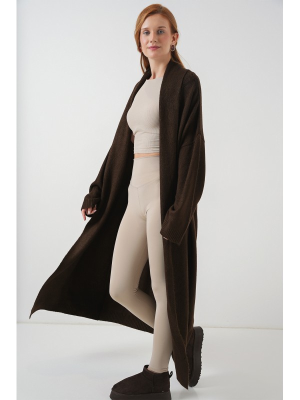 Kadın Uzun Oversize Triko Hırka 15924 - Kahverengi