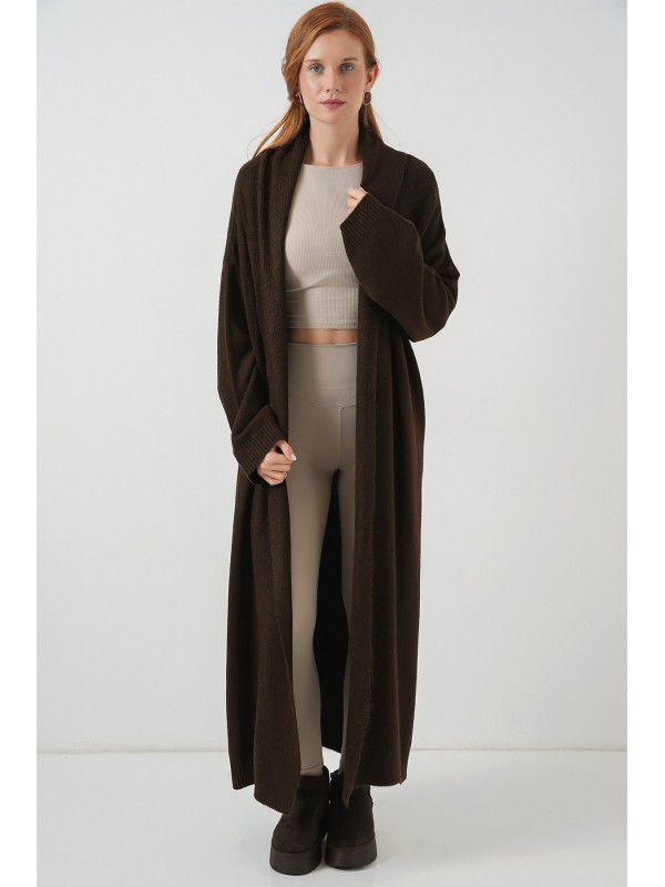 Kadın Uzun Oversize Triko Hırka 15924 - Kahverengi