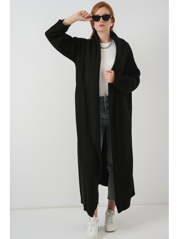 Kadın Uzun Oversize Triko Hırka 15924 - Siyah