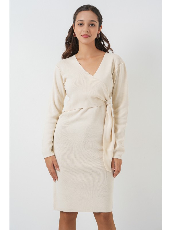Kadın Kruvaze Yaka Triko Elbise 15928 - Ekru