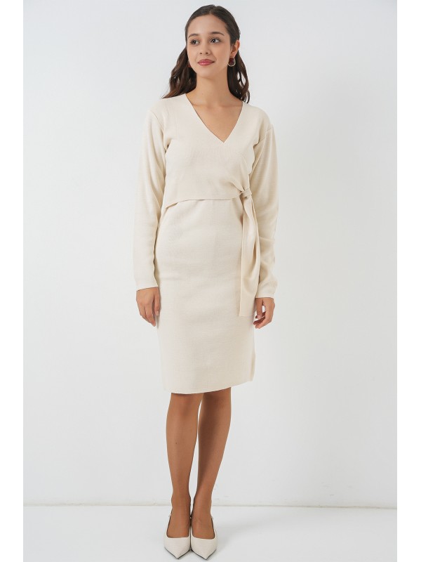 Kadın Kruvaze Yaka Triko Elbise 15928 - Ekru