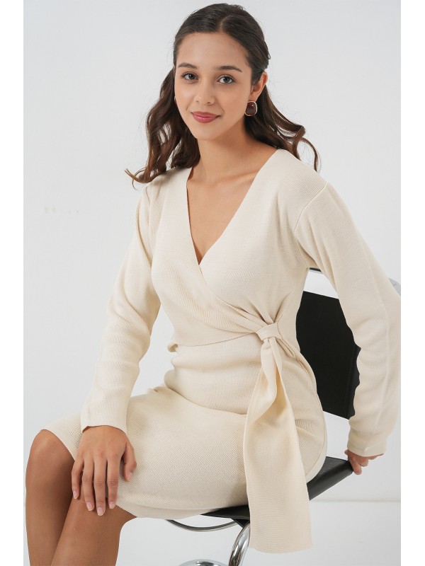 Kadın Kruvaze Yaka Triko Elbise 15928 - Ekru