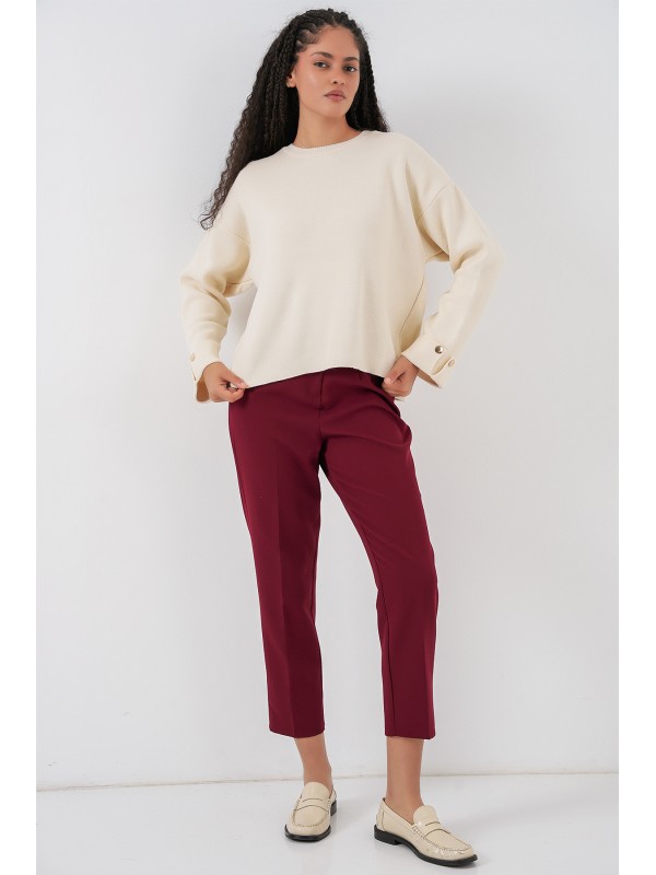 Kadın Kol Düğmeli Oversize Triko Kazak 15981 - Ekru