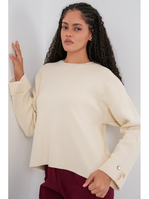 Kadın Kol Düğmeli Oversize Triko Kazak 15981 - Ekru