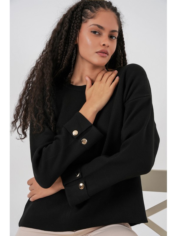 Kadın Kol Düğmeli Oversize Triko Kazak 15981 - Siyah