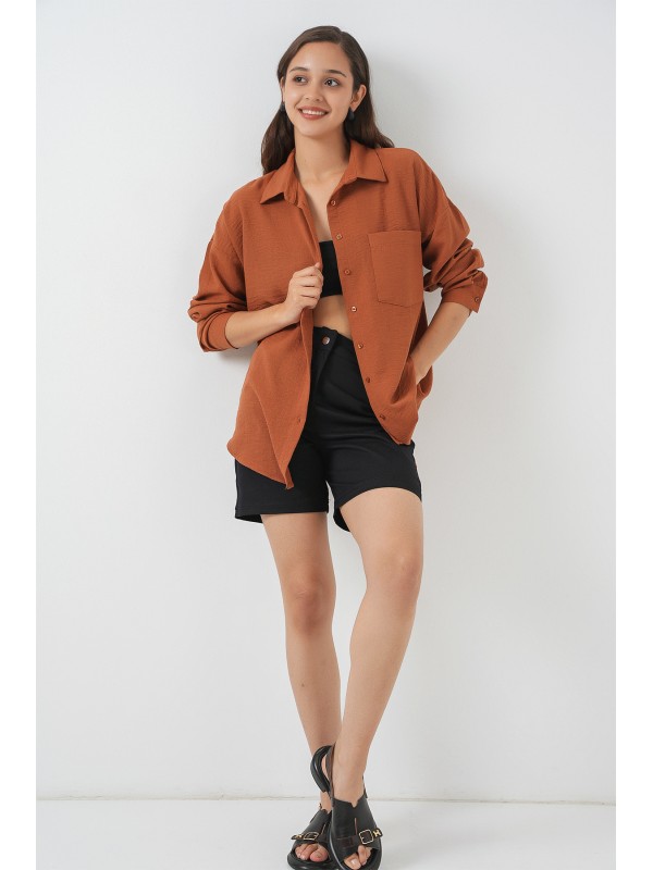 20153 Tek Cepli Oversize Keten Gömlek - A. Kiremit