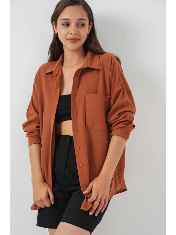 20153 Tek Cepli Oversize Keten Gömlek - A. Kiremit
