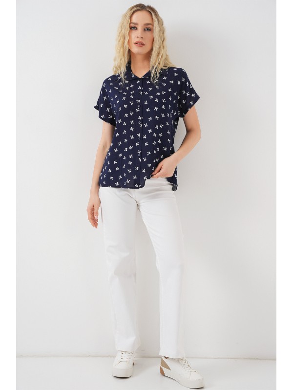 Kadın Kısa Kol Desenli Gömlek 20310 - Lacivert
