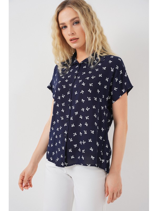 Kadın Kısa Kol Desenli Gömlek 20310 - Lacivert