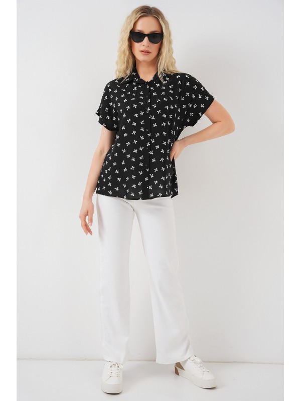 Kadın Kısa Kol Desenli Gömlek 20310 - Siyah
