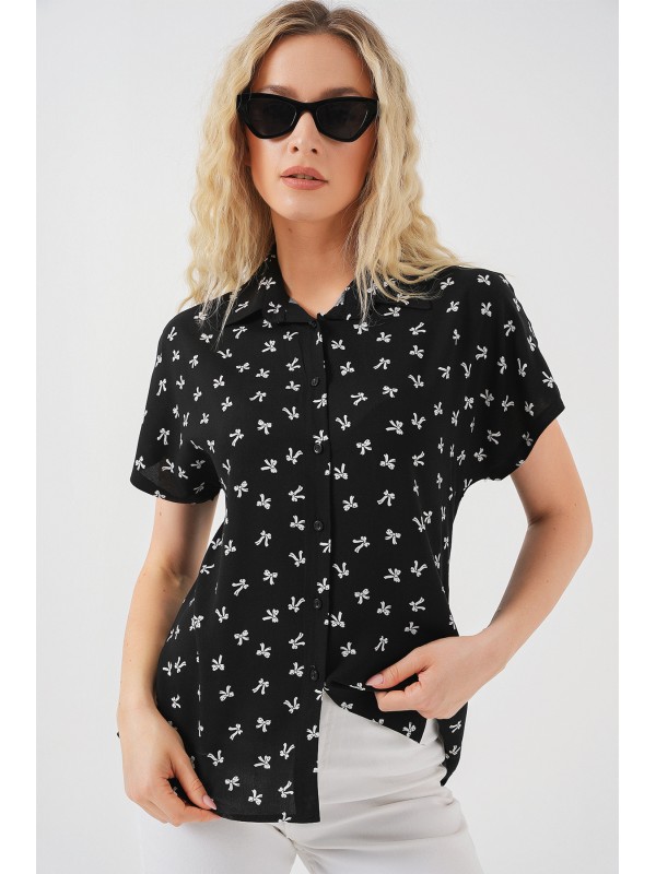 Kadın Kısa Kol Desenli Gömlek 20310 - Siyah