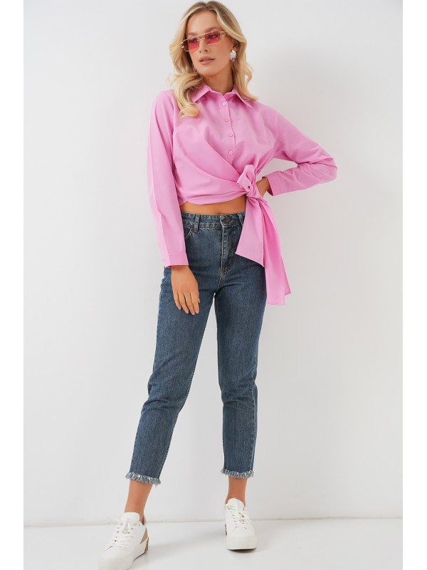 Kadın Bağlamalı Uzun Kol Gömlek 20325 - Pembe