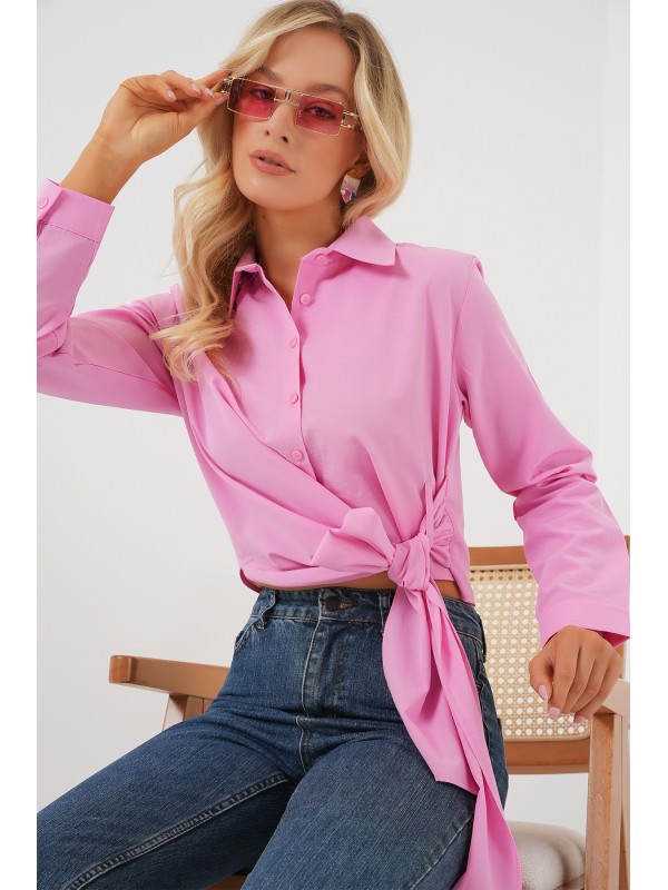 Kadın Bağlamalı Uzun Kol Gömlek 20325 - Pembe