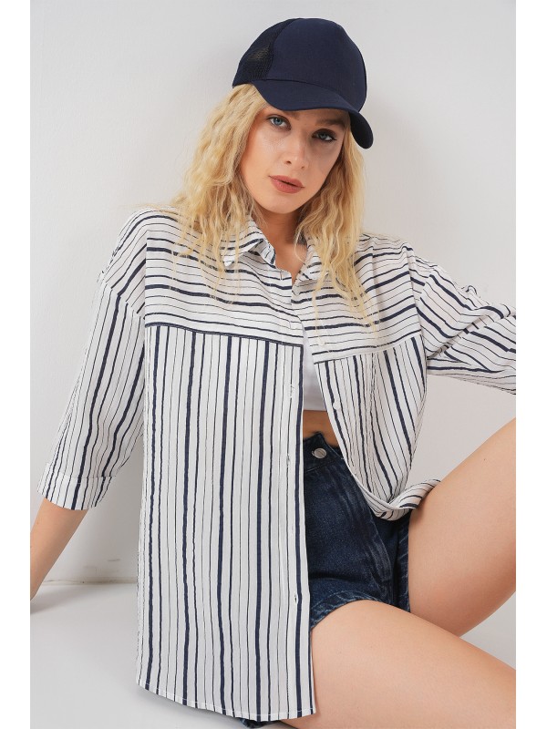 Kadın Çizgili Kısa Kol Gömlek 20344 - A.Lacivert