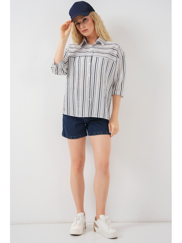 Kadın Çizgili Kısa Kol Gömlek 20344 - A.Lacivert